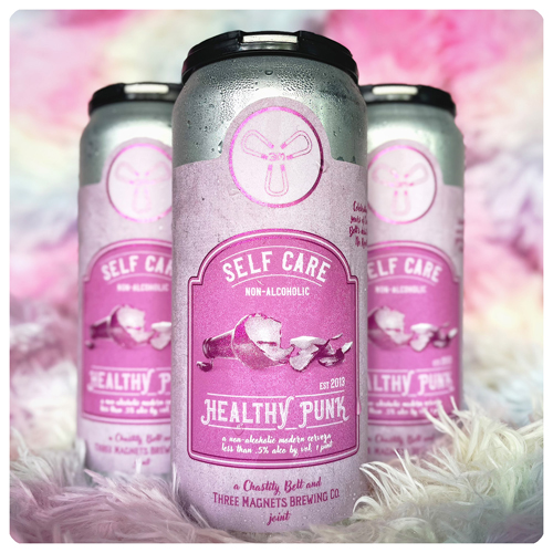 self care NA beer in pink cans