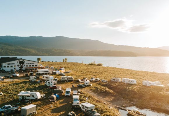 Aerial view of campsite on lake