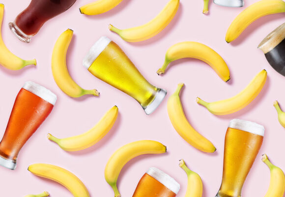 a collage of bananas and beers on a bright background
