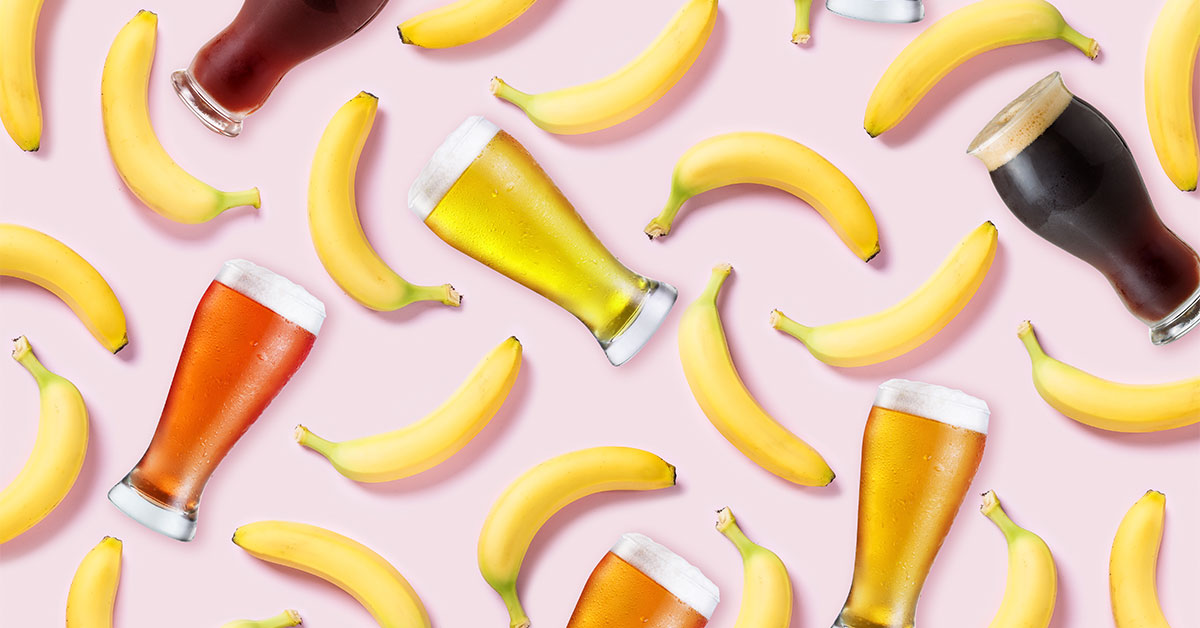 a collage of bananas and beers on a bright background